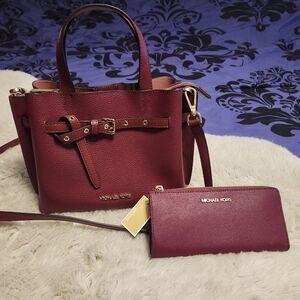 Michael Kors Small Emilia Pebbled Leather Satchel and Wallet in Mulberry
